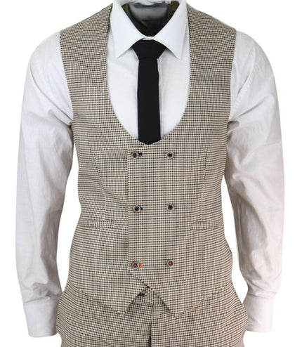 Mens 3 Piece Beige Check Retro Vintage Classic Suit