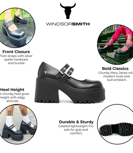 Windsorsmith Womens Black Leather Chunky Platform Mary-Jane Heel Shoes - Lessons