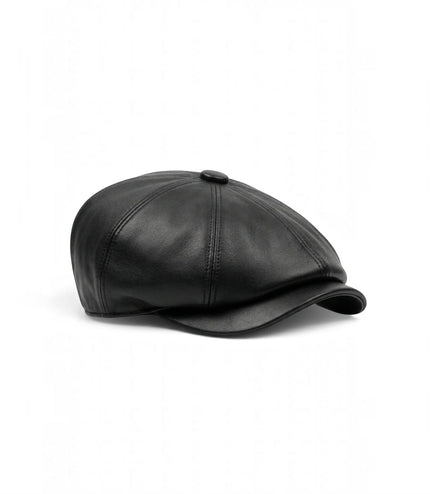 Men's Black Faux Leather Vintage 8-Panel Gatsby Baker Boy Hat - MHT-1