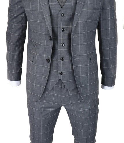 Mens Grey Suit 3 Piece Check Vintage Retro Smart Wedding Classic Tailored Fit
