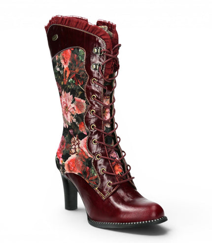 Laura Vita Floral Womens Goth Victorian Red Leather Heeled High Boots - Alcbane-351