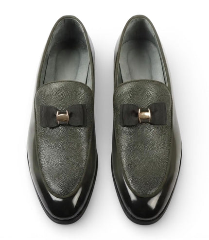 Mens Olive Green Textured Front Iconic Buckle Bow Loafers Shoes