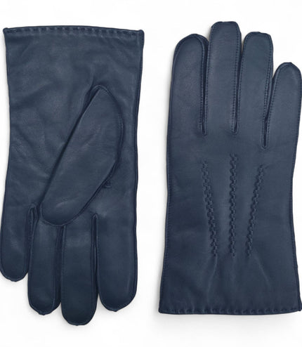 Men's Navy Blue Italian Leather Warm Wool Lining Winter Stich Design Gloves - M-LGV-205