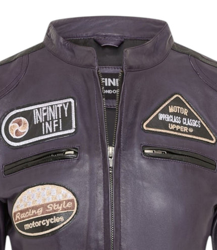 Womens Biker Racing Badges Leather Jacket-Eastleigh - Purple