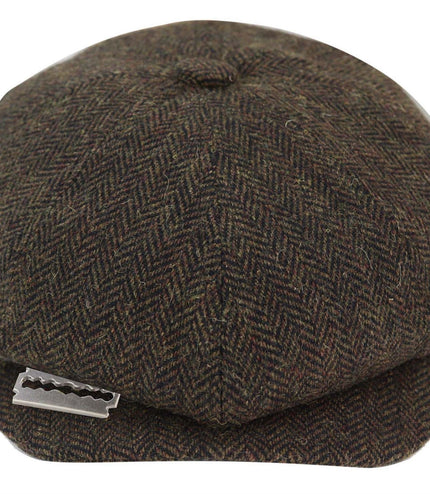Mens Peaky Blinders Tweed Gatsby Flat Baker Hat With Razor Blade