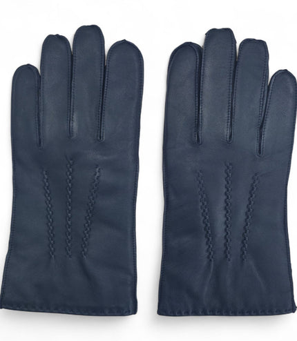 Men's Navy Blue Italian Leather Warm Wool Lining Winter Stich Design Gloves - M-LGV-205