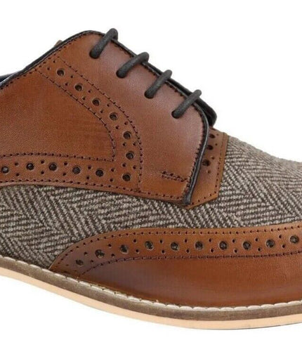 Mens Classic Oxford Tweed Brogue Derby Shoes In Tan Leather