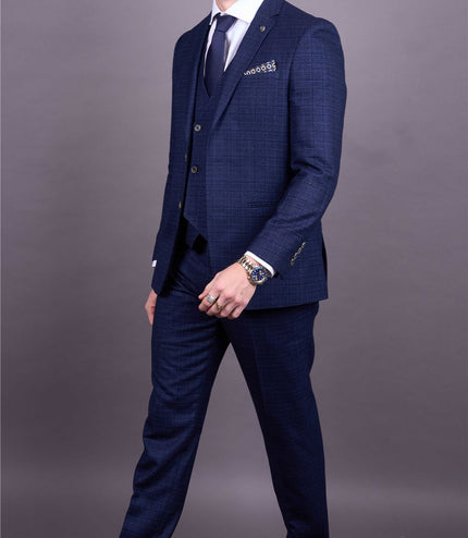 Men's Blue Plain Check 3 Piece Slim Fit Formal Wedding Suit