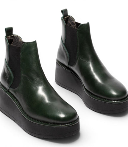 Fly London Womens Green Leather Chelsea Ankle Platform Boots - HELY268
