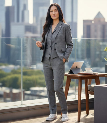 Women's Grey Three Piece Check Tailored Suit - TPW-51