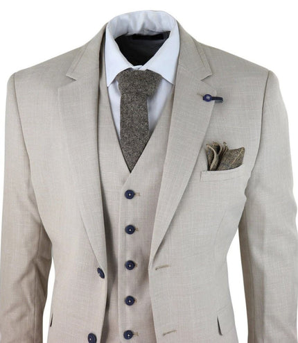Mens 3 Piece Cream Linen Summer Spring Classic Suit