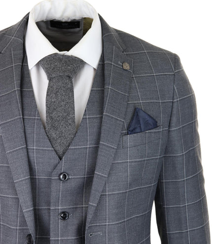 Mens Grey Suit 3 Piece Check Vintage Retro Smart Wedding Classic Tailored Fit