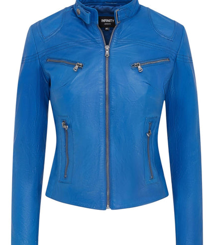Womens Slim-Fit Leather Biker Jacket-Maldon - Blue