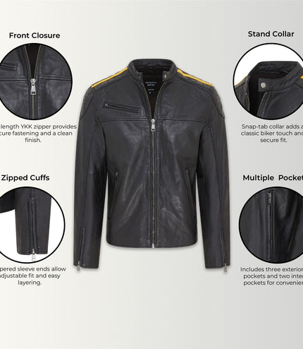 Men's Classic Quilted Black Yellow Leather Biker Jacket - Meridian