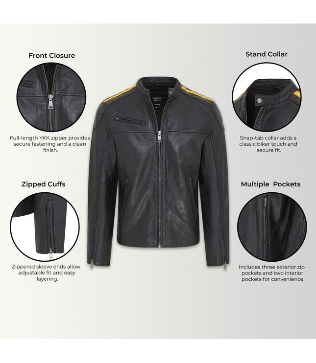 Men's Classic Quilted Black Yellow Leather Biker Jacket - Meridian
