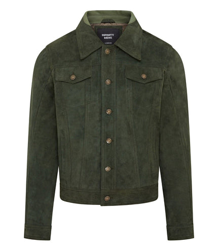 Mens Trucker Goat Suede Western Leather Jeans Jacket - Yangon - Green