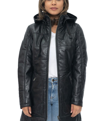 Women's Leather Quilted Parka Coat-Allentown