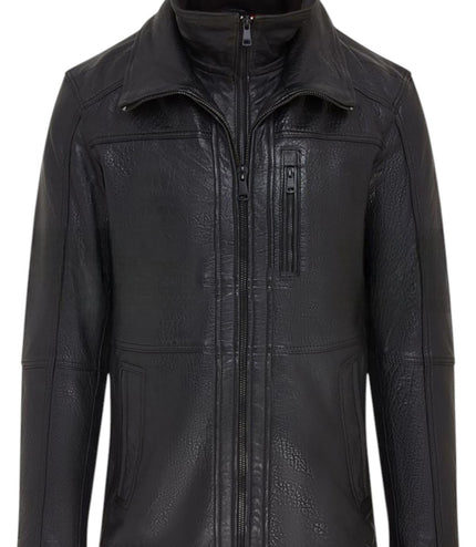 Mens Warm Mid-Length Leather Biker Coat - Sikander - Black