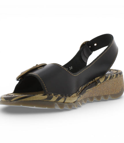 Fly London Women's TRAM723FLY Black Leather Wedge Sandals