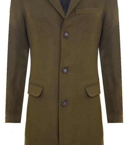 Men's Long Olive Wool Slim Fit Overcoat
