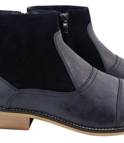 Mens Navy Leather Suede Zip Up Chelsea Boots
