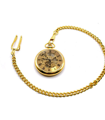 Mechanical Golden Skeleton Open-Face Chain Pocket Watch