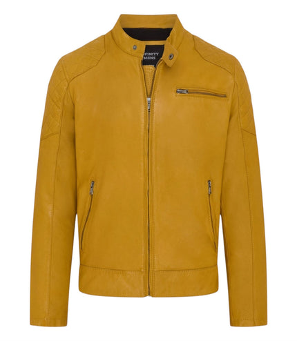 Mens Yellow Leather Quilted Shoulder Biker Jacket - Rock