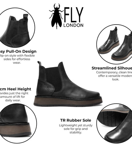 Fly London Womens Black Rawi131 Chelsea Leather Ankle Pull-On Classic Comfort Boots
