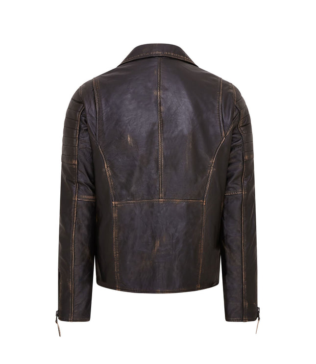 Mens Slim Fit Brando Style Double Cross Zip 100% Leather Biker Jacket - Vintage Black