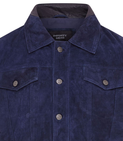 Mens Goat Suede Jeans Jacket Trucker Casual Denim Leather Shirt - Navy