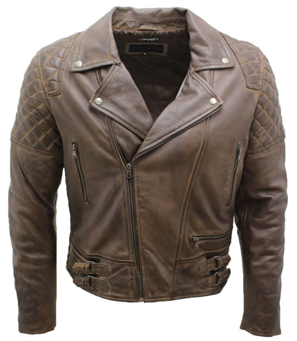 Mens Quilted Leather Biker Jacket-Bordeaux - Brown