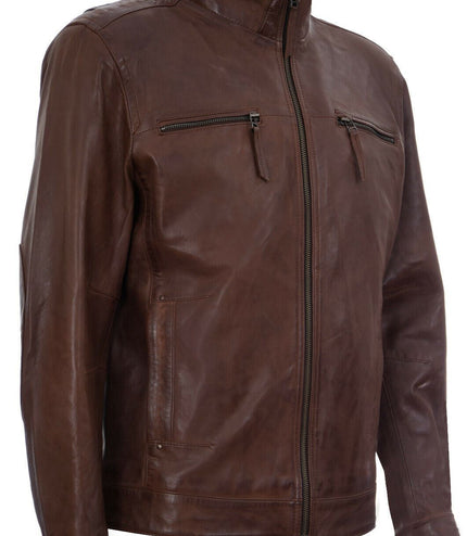 Mens Classic Leather Biker Jacket-Caracas - Brown