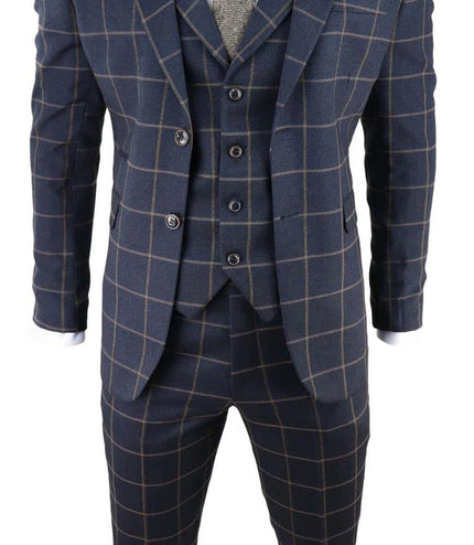 Mens Navy Blue Check 3 Piece Tweed Suit Peaky Blinders 1920s Gatsby Tailored Fit