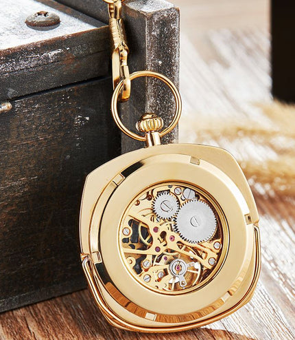 Mechanical Golden Vintage Skeleton Square Open-Face Pocket Watch