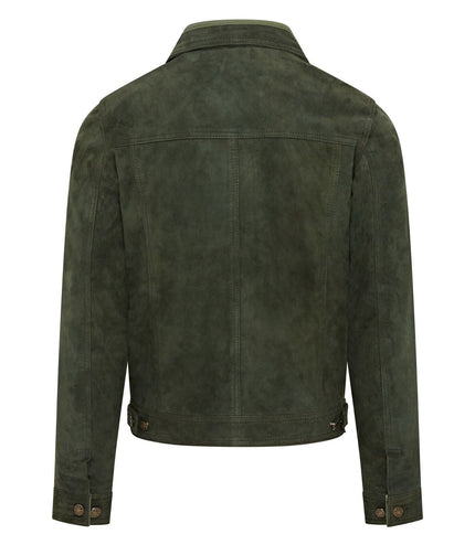 Mens Trucker Goat Suede Western Leather Jeans Jacket - Yangon - Green