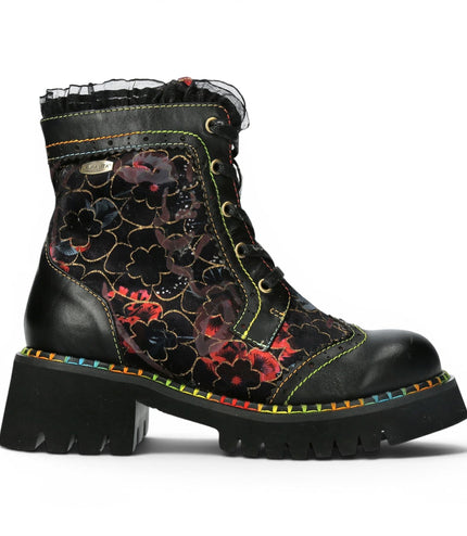 Laura Vita Women's Gothic Floral Black Leather Combat Boots - Oyao-11