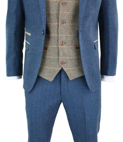 Mens 3 Piece Blue Tweed Vintage Suit