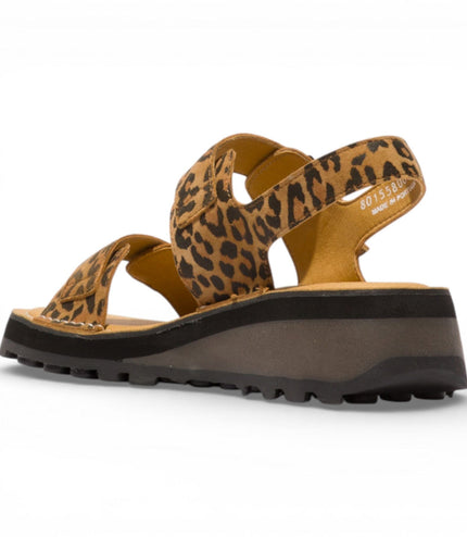 Fly London Women's HEIF558FLY Cheetah Tan Leather Wedge Buckle Sandals