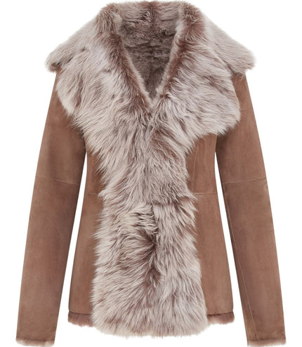 Women's Taupe Sheepskin Toscana Shearling Suede Leather Jacket - Noir