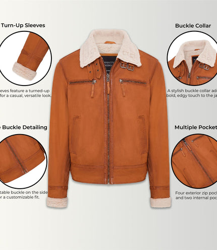 Mens Real Sheep Suede Bomber Jacket Aviator Jacket with Fur Lining - Tan