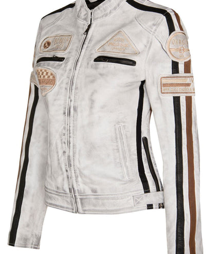 Womens Biker Racing Badges Leather Jacket-Eastleigh - Tan