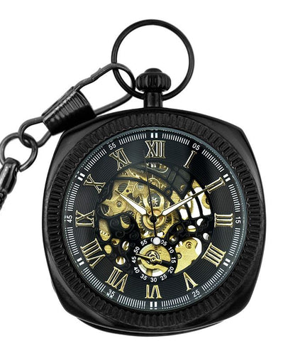 Mechanical Black Gold Vintage Skeleton Square Open-Face Pocket Watch