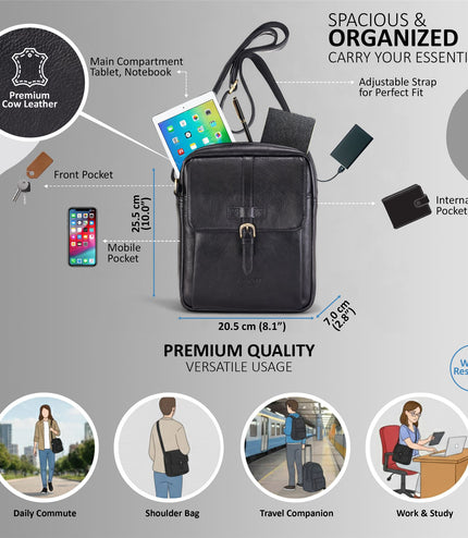 Genuine Leather Black Vintage Crossbody Messenger Travel Bag - Ashby