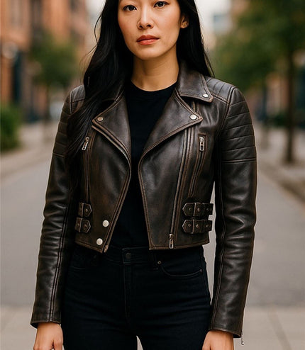Womens Cropped Brando Leather Biker Jacket-Damascus - Vintage Black