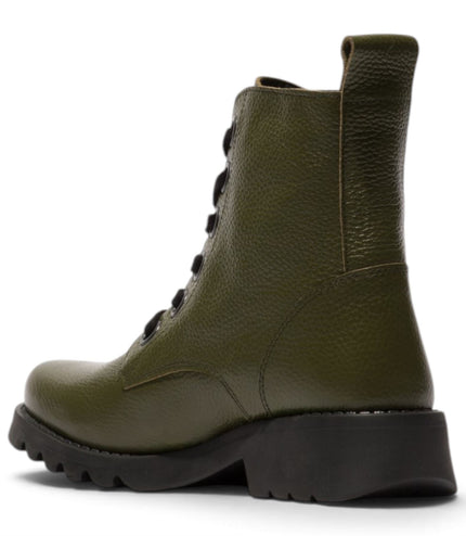 Fly London Womens Military Green Leather Lace-Up Heeled Ankle Boots - RAMY488