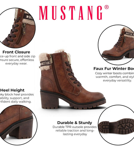 Mustang Women's Cognac Brown Winter Warm Heeled Lace-Up Boots - M0122001