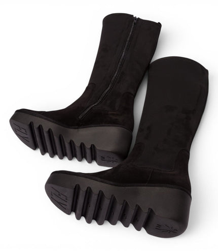 Fly London Womens Black Suede Leather High Wedge Heel Long Boots - BUDI603