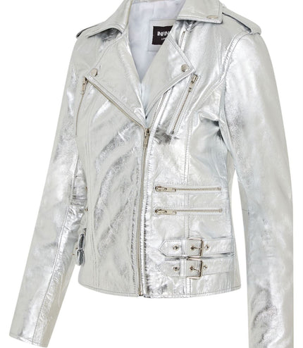 Womens Leather Brando Biker Jacket-Orlando - Silver