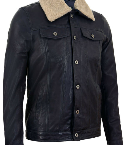 Mens Removable Collar Leather Trucker Jacket-Zagreb - Navy