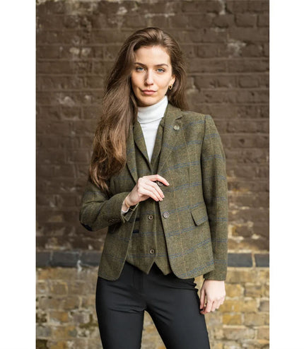 Women's Olive 2 Piece Set Tweed Blazer Waistcoat in Herringbone Check